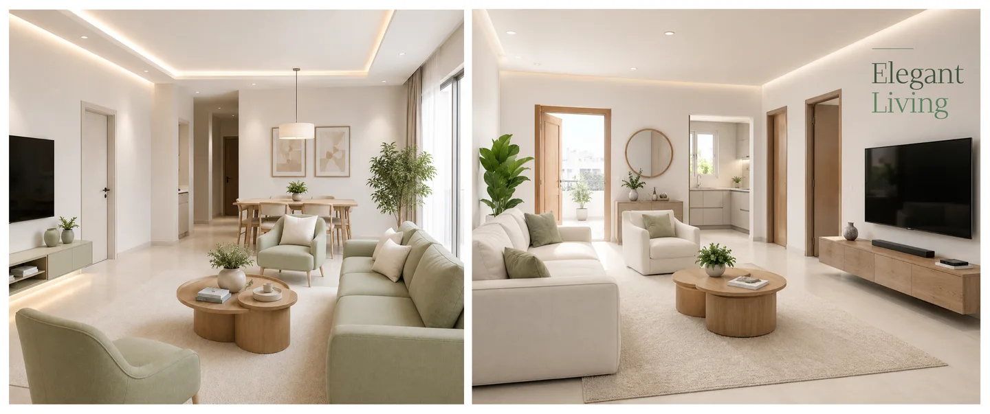Living spaces presented through light, materials and proportion.