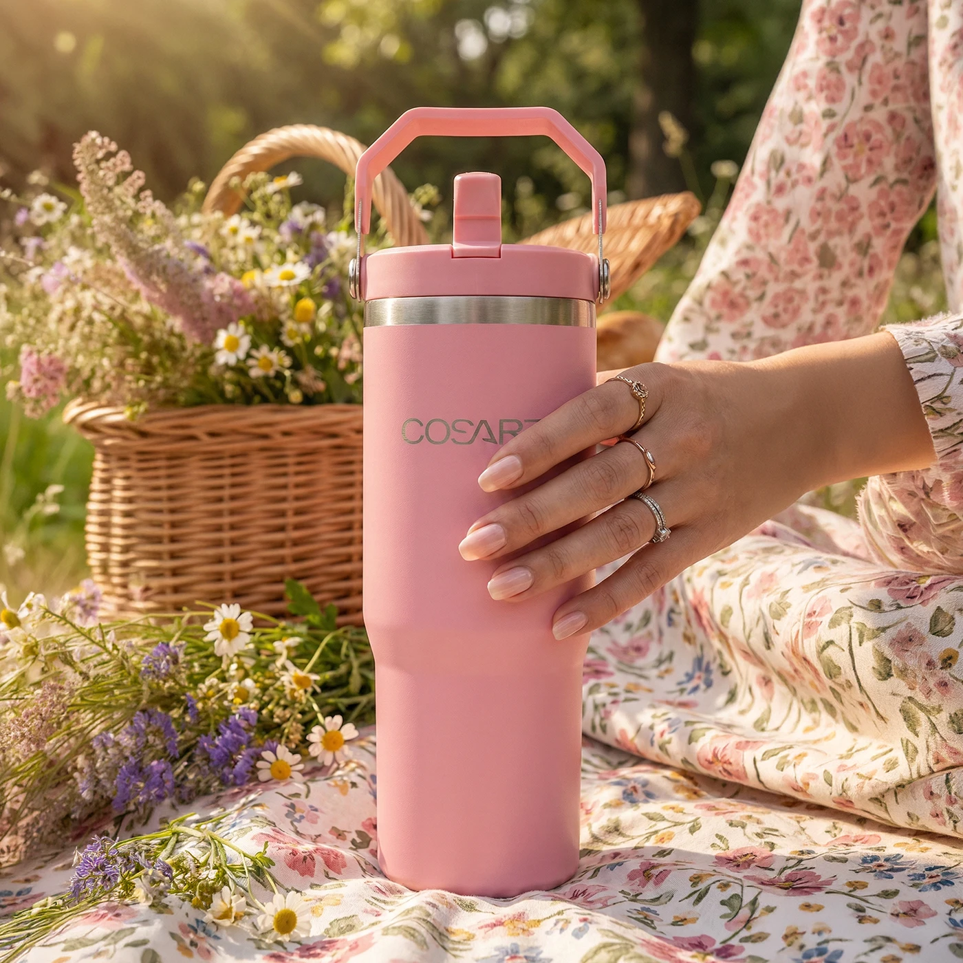 Pink insulated tumbler in a lifestyle picnic setting