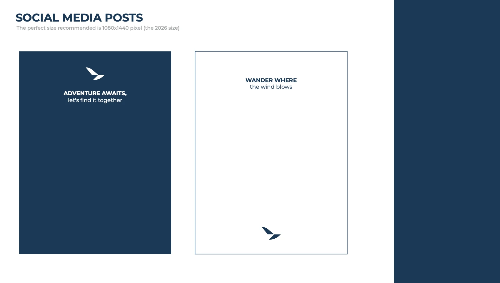 Minimal navy and white social media layouts with travel headlines