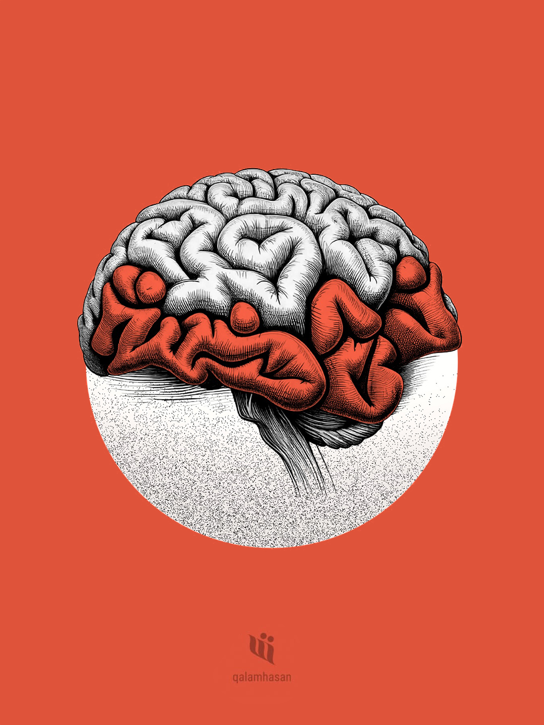Anatomical brain illustration formed with coral Arabic letterforms